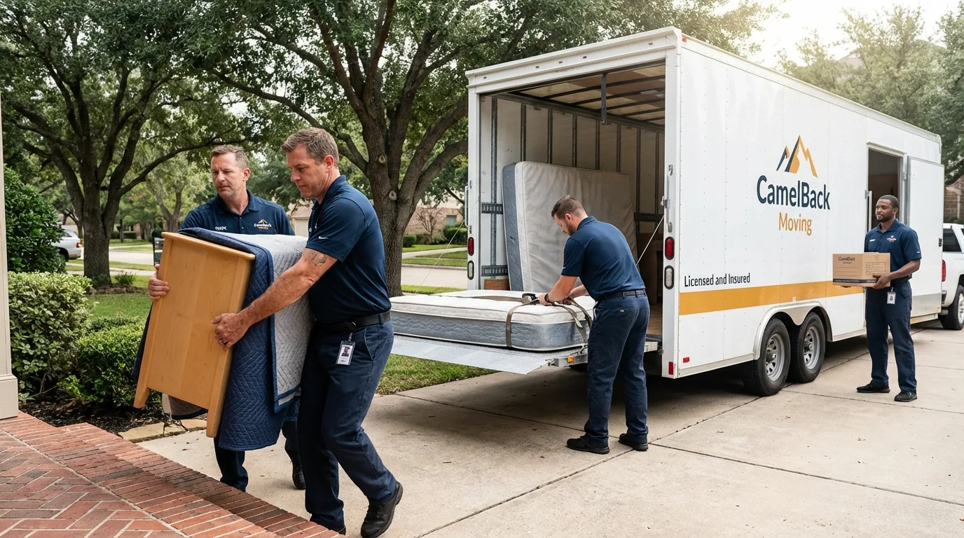 Crew loading residential truck for cross-state move from Crystal Falls, MI