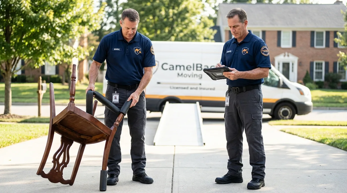 Movers inspecting furniture for damage prevention before loading in Crystal Falls, MI