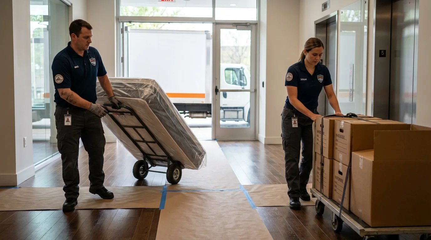 Professional apartment movers loading elevator in Crystal Falls, MI